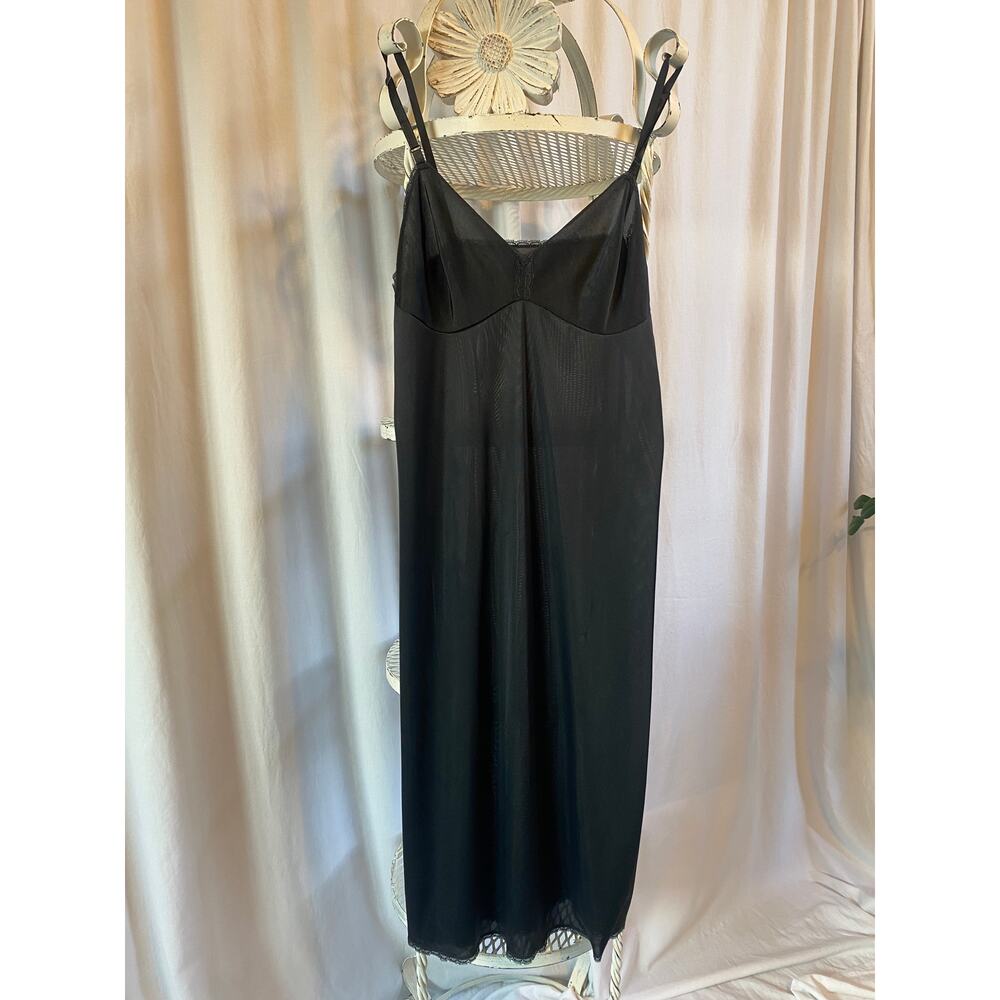 Vanity Fair Vintage Slip Dress Black Silky Delicate Lace Trim Midi Size 34L